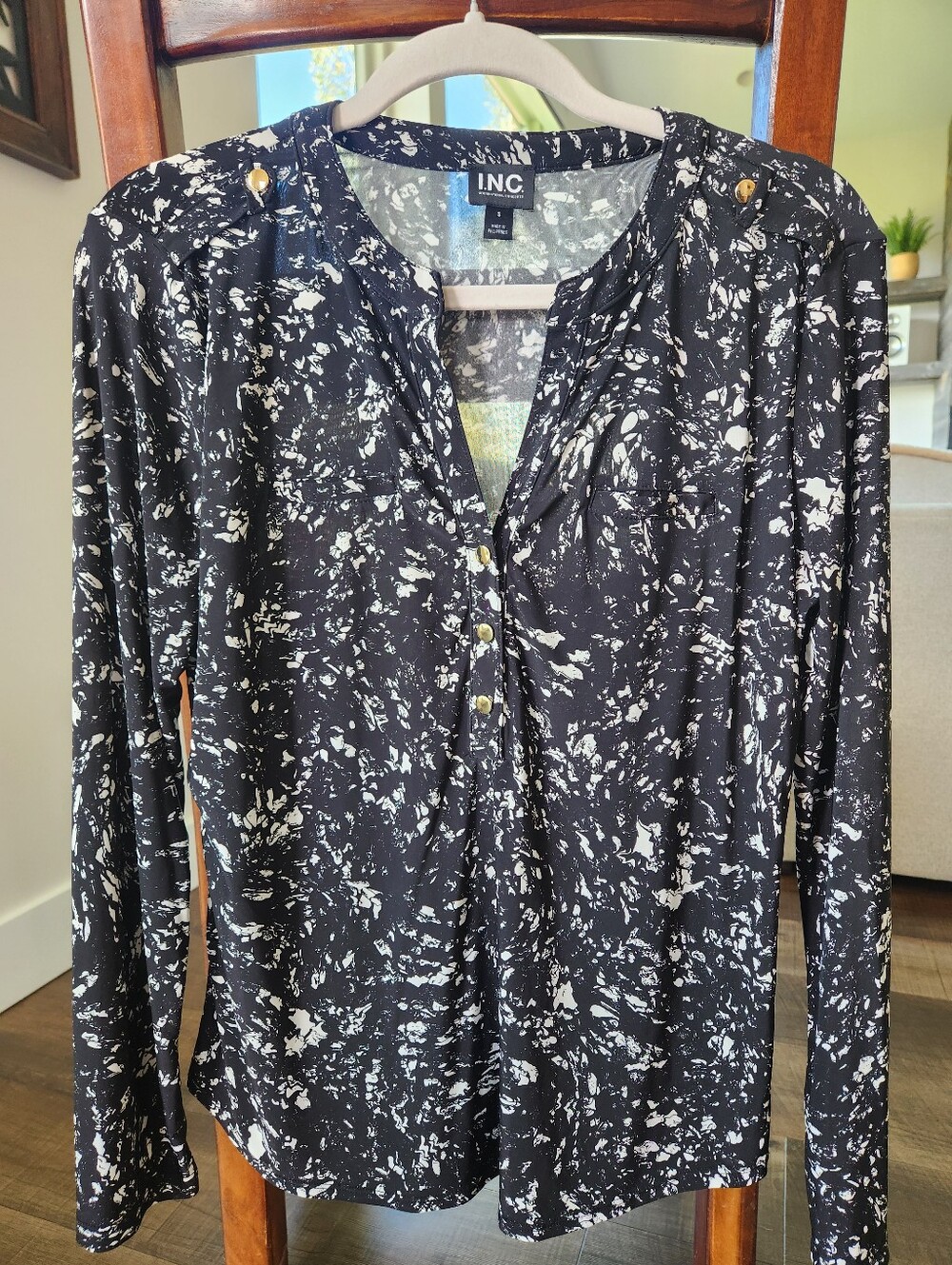 INC International Concepts Black and White Marble-Print Button Front Blouse